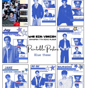 Puede incluir: Un póster imprimible con temática azul que presenta imágenes del grupo de K-pop Enhypen. El póster incluye retratos individuales de los miembros, arte del álbum y el texto "The Sin: Vanish" y "Enhypen 7th Mini Album."