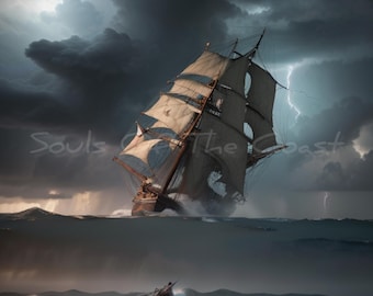 Frigate in Lightning Storm — Dramatic Nautical Wall Art | Souls of the Coast Collection
