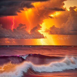May include: A dramatic seascape featuring a vibrant sunset with shades of orange, red, and yellow illuminating the sky. Lightning strikes through dark clouds over the ocean, with waves crashing in the foreground. The text "Souls Of The Coast" is visible.