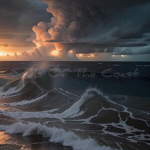 May include: Dramatic seascape photograph featuring ocean waves crashing against the shore under a stormy sky. The image captures the power of nature with dark clouds, golden sunlight, and the text "Souls Of The Coast".