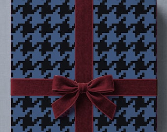 Geschenkpapier mit Hahnentrittmuster in Marineblau | Klassisches Geburtstagsgeschenkpapier für Ihn, Geschenkpapier mit marineblau-schwarzem Karomuster (90 g/m²)