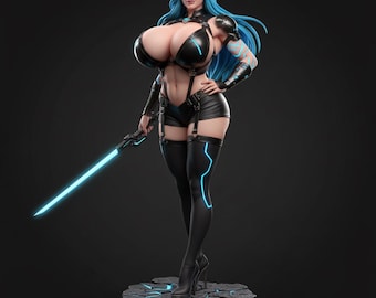 Cyber Warrior Woman STL – Futuristic Sci-Fi Sword Heroine Figurine – 3D Print Model for Collectors