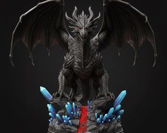 May include: A detailed black dragon statue with outstretched wings and red eyes, perched atop a rocky base adorned with blue crystal formations. The dragon is intricately sculpted, showcasing scales and sharp features. A fantasy-themed collectible.