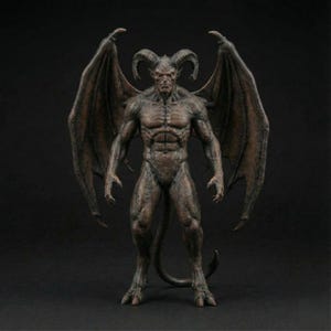 May include: A detailed statue of a demonic figure with large, leathery wings, horns, and a muscular physique. The figure has a stern expression and a long tail. The statue is a dark brown color and stands against a black background.