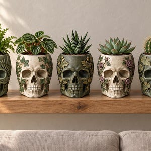 May include: Five skull-shaped planters arranged in a row, each featuring distinct botanical relief designs including ferns, ivy, acorns, roses, and ginkgo leaves. Each skull holds a different small green plant, including a fern, succulent, and cactus.