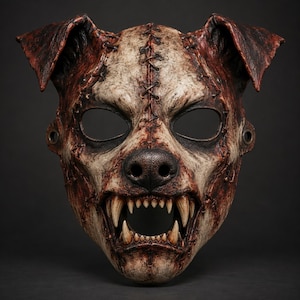 May include: A full-face mask shaped like a snarling dog head with pointed ears. The surface features a weathered, mottled brown and cream finish with dark red accents, detailed with prominent black stitching patterns across the forehead and snout.