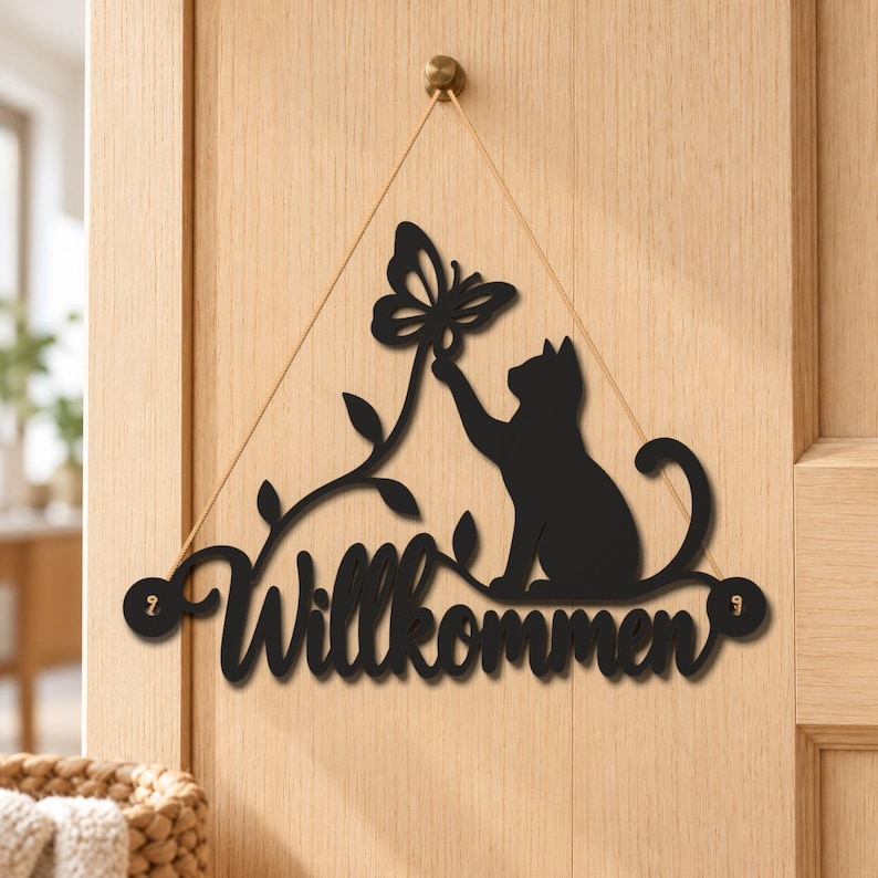 String Butterflies Cat and Butterfly Welcome Sign STL - German Version - 3D Printable Door ...