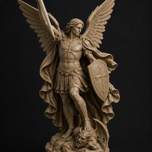 May include: A monochromatic beige sculpture of a winged figure in ancient armour holding a sword aloft and a shield, standing over a crouching horned creature. The figure wears a breastplate with a cross emblem and a flowing cape, all on a base.