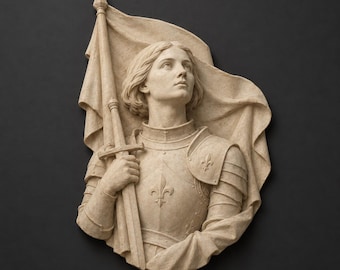 May include: A beige wall relief sculpture depicting a figure in plate armor with a fleur-de-lis emblem on the chest plate. The figure holds a vertical sword and a flagpole with a draped banner behind them, looking upward with a focused expression.