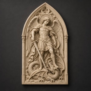 May include: A beige relief sculpture depicting an angel in armour holding a sword and standing over a dragon. The figure is framed within a pointed gothic arch with intricate carved details, showcasing a textured surface and a halo behind the head.