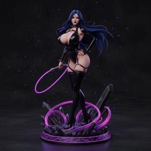 May include: A detailed figurine of a woman with long blue hair, wearing a black bodysuit and thigh-high boots. She holds a purple glowing whip. The figure stands on a base with purple accents and crystal-like structures.