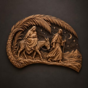 Puede incluir: Una placa de pared de madera tallada en color marrón que representa una escena de natividad con una figura montada en un burro cargando a un bebé, acompañada por una figura que camina con un bastón, enmarcada por palmas bajo un cielo nocturno.