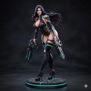 Puede incluir: Figura detallada de una mujer con un atuendo futurista, sosteniendo dos armas futuristas. La figura es predominantemente negra con acentos turquesa, incluyendo líneas brillantes en las armas y la base. La mujer tiene pelo largo y oscuro y posa sobre una plataforma circular.