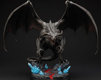 May include: A detailed figurine of a black dragon with outstretched wings, red eyes, and open mouth. The dragon stands on a rocky base with blue crystals and a red river. The dragon's wings are spread wide, showcasing intricate details.