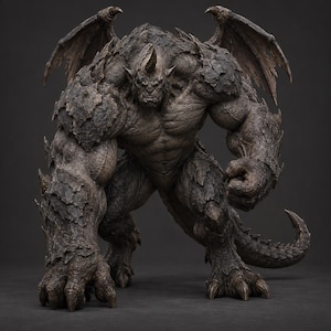 Op de afbeelding: Een donkerbruin, gespierd wezenfiguur met een rotsachtige, getextureerde huid, grote vleugels, een enkele hoorn op het voorhoofd en scherpe klauwen. Het figuur staat in een gehurkte, agressieve houding met een lange, stekelige staart erachter.