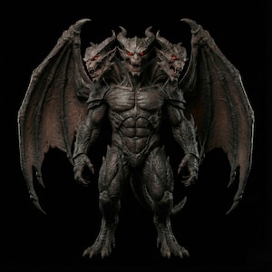 May include: A detailed sculpture of a three-headed demon with large, leathery wings. The creature has a muscular, gray body, sharp claws, and red eyes. It stands against a black background, showcasing its menacing features.