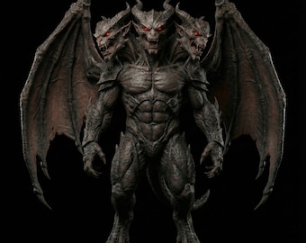 Three-Headed Demon STL File | Fantasy Monster Statue | 3D Printable Hell Beast Figurine | Resin 3D Model for Painting