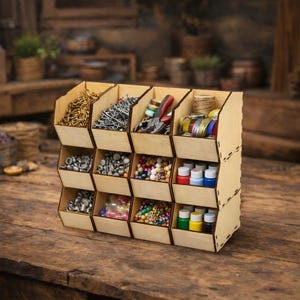 Peut inclure: Un organiseur de rangement en bois avec plusieurs compartiments. Les compartiments sont remplis de diverses fournitures d'artisanat, notamment des chaînes, des vis, des perles, des flacons de peinture et des bobines de fil. L'organisateur est en bois clair.