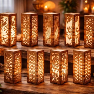 May include: A collection of nine wooden candle lanterns with intricate cut-out designs. The lanterns are rectangular and illuminated from within, casting a warm glow. Surrounding candles add to the cozy ambiance, creating a decorative display.
