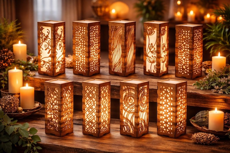 Lámpara de mesa decorativa de madera: 8 archivos SVG cortados con láser / Diseños de lámparas de madera 3D / Descarga digital