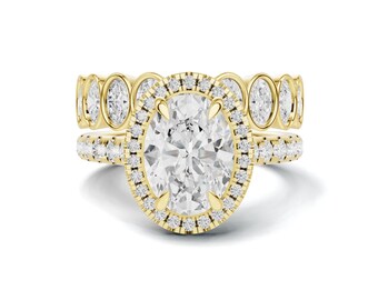 Conjunto nupcial de oro de 14k con diamante cultivado en laboratorio, talla ovalada, 2 quilates, certificado por IGI, color F Vs1. Anillo de compromiso y alianza de boda.