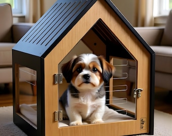 Puede incluir: Un perro pequeño está dentro de una caseta de madera con techo negro y paneles laterales transparentes. La caseta tiene un marco de madera clara y un cojín blanco en el interior. El perro tiene pelo marrón, blanco y negro.