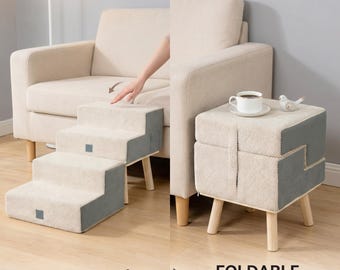 Handmade 4-Step Dog Stairs for Couch & Bed – Foldable Wooden Pet Steps, Beige| Safe, Stylish, Space Saving | Perfect for Small Dogs and Cats