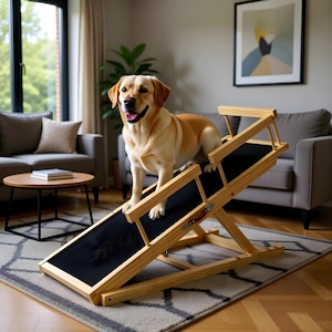 May include: A light brown Labrador Retriever stands on a wooden dog ramp with a black, textured surface. The ramp is made of light-colored wood and is positioned in a living room setting. The dog is smiling, and the ramp appears sturdy.