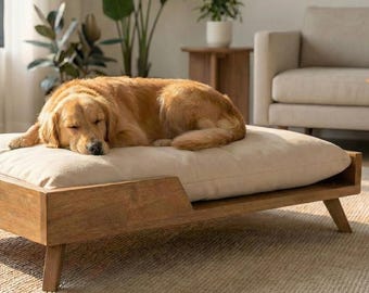 Elevated Dog Bed, Rubberwood Frame, Modern Pet Furniture
