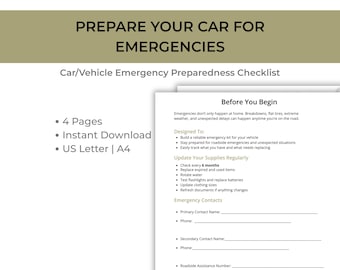 Lista de preparación para emergencias en el automóvil / Kit de emergencia para vehículos / Seguridad vial y suministros / PDF imprimible / Descarga digital