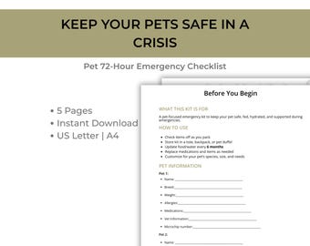 Lista di controllo di emergenza per animali domestici da 72 ore / Preparazione alle catastrofi per cani e gatti / Kit di emergenza per animali domestici / Download digitale