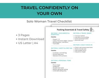 Solo Woman Travel | Travel Packing Essentials l | Travel Checklist | Printable PDF | Digital Download | Solo Female Travel