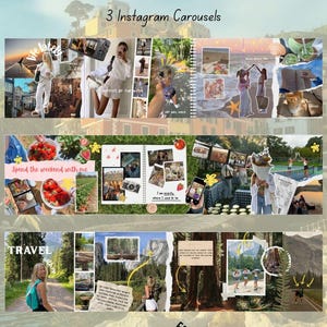May include: A digital template set titled Seamless Scrapbook Carousel featuring three Instagram carousel layouts. The designs include collages of travel, lifestyle, and nature photography with torn paper effects, handwritten text, and yellow doodle accents.