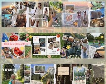 May include: A digital template set titled Seamless Scrapbook Carousel featuring three Instagram carousel layouts. The designs include collages of travel, lifestyle, and nature photography with torn paper effects, handwritten text, and yellow doodle accents.