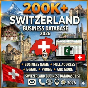 May include: An advertisement for a Switzerland business database, featuring the text "200K+ SWITZERLAND BUSINESS DATABASE 2026". The image includes a Swiss flag, a map of Switzerland, and the text "BUSINESS NAME, FULL ADDRESS, E-MAIL, PHONE, AND MORE."