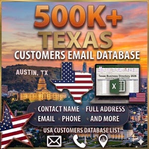 Może przedstawiać: Reklama bazy danych e-mail klientów z Teksasu. Obraz zawiera tekst "500K+ TEXAS CUSTOMERS EMAIL DATABASE" z obrysem Teksasu w kolorach amerykańskiej flagi. Laptop wyświetla arkusz kalkulacyjny, a także widoczny jest tekst "CONTACT NAME, FULL ADDRESS, EMAIL, PHONE, AND MORE".