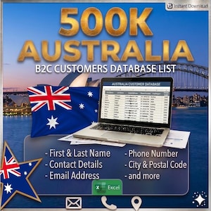 Pode incluir: Gráfico digital que promove um banco de dados de clientes B2C australiano. A imagem apresenta um laptop exibindo um banco de dados de clientes, a bandeira australiana e o texto "500K AUSTRALIA B2C CUSTOMERS DATABASE LIST."
