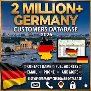 Puede incluir: Imagen promocional para una base de datos de clientes de Alemania. La imagen presenta el texto "2 MILLION+ GERMANY CUSTOMERS DATABASE 2026" en letras doradas. Un portátil muestra un directorio y una bandera alemana.