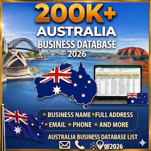 Op de afbeelding: Advertentie voor een Australische bedrijvendatabase. De afbeelding toont de tekst "200K+ AUSTRALIA BUSINESS DATABASE 2026" met een Australische vlag en kaart. Extra tekst is "BUSINESS NAME FULL ADDRESS EMAIL PHONE AND MORE".