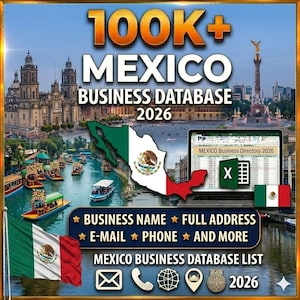 Puede incluir: Imagen promocional para una base de datos de negocios de México. La imagen presenta el texto "100K+ MEXICO BUSINESS DATABASE 2026" con un mapa de México y la bandera mexicana. Texto adicional incluye "BUSINESS NAME, FULL ADDRESS, E-MAIL, PHONE, AND MORE".
