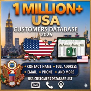 May include: A promotional graphic with the text "1 MILLION+ USA CUSTOMERS DATABASE 2026." It features a laptop displaying a spreadsheet, a map of the USA, and the American flag. Additional text includes "CONTACT NAME, FULL ADDRESS, EMAIL, PHONE, AND MORE."