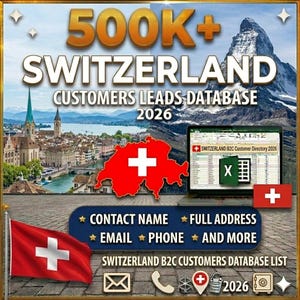 Peut inclure: Publicité pour une base de données de prospects clients B2C en Suisse. L'image présente le texte "500K+ Suisse Base de données de prospects clients 2026" avec un drapeau suisse et un ordinateur portable affichant une feuille de calcul. Le texte supplémentaire comprend "Nom du contact, Adresse complète, Email, Téléphone, et plus encore."