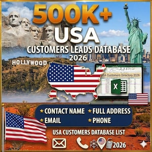 Może przedstawiać: Grafika promocyjna z tekstem "500K+ USA CUSTOMERS LEADS DATABASE 2026." Obraz zawiera Statuę Wolności, Mount Rushmore i mapę USA. Dodatkowy tekst zawiera "CONTACT NAME, FULL ADDRESS, EMAIL, PHONE."