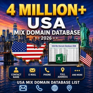 Może przedstawiać: Grafika cyfrowa promująca bazę danych domen mieszanych w USA. Obraz zawiera tekst "4 MILLION+ USA MIX DOMAIN DATABASE 2026" w kolorze złotym i białym. Zawiera laptop z arkuszem kalkulacyjnym, mapę USA i Statuę Wolności.