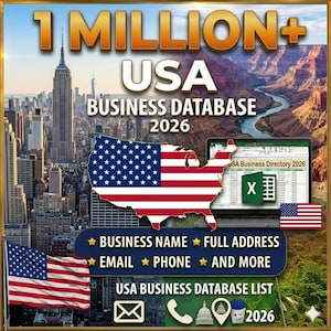 Może przedstawiać: Grafika promocyjna dla bazy danych firm w USA. Obraz zawiera tekst "1 MILLION+ USA BUSINESS DATABASE 2026" z krajobrazem miejskim i mapą USA. Dodatkowy tekst to "BUSINESS NAME, FULL ADDRESS, EMAIL, PHONE, AND MORE."