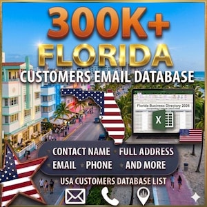 Może przedstawiać: Reklama bazy danych e-mail klientów z Florydy. Obraz zawiera tekst "300K+ FLORIDA CUSTOMERS EMAIL DATABASE" w kolorze złotym i pomarańczowym. Dodatkowy tekst to "CONTACT NAME, FULL ADDRESS, EMAIL, PHONE, AND MORE" oraz "USA CUSTOMERS DATABASE LIST."