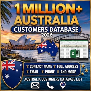 Op de afbeelding: Een promotionele afbeelding met de tekst "1 MILLION+ AUSTRALIA CUSTOMERS DATABASE 2026". De afbeelding bevat de Australische vlag, een kaart van Australië en een laptop met een klantenbestand. Extra tekst is "CONTACT NAME, FULL ADDRESS, EMAIL, PHONE, AND MORE".