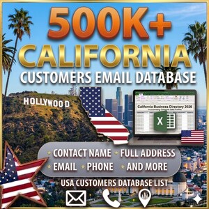 Może przedstawiać: Obraz promocyjny dla kalifornijskiej bazy danych e-mail klientów. Obraz zawiera tekst "500K+ CALIFORNIA CUSTOMERS EMAIL DATABASE" z laptopem wyświetlającym arkusz kalkulacyjny. Dodatkowy tekst zawiera "CONTACT NAME, FULL ADDRESS, EMAIL, PHONE, AND MORE."