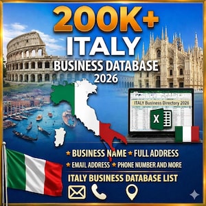 May include: A promotional image for an Italy business database. The image features the text "200K+ ITALY BUSINESS DATABASE 2026" with Italian landmarks, a map of Italy, and a laptop displaying a spreadsheet. The Italian flag is also present.