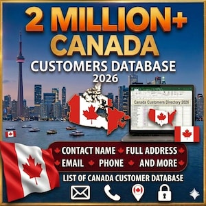 Może przedstawiać: Reklama bazy danych klientów kanadyjskich. Obraz zawiera tekst "2 MILLION+ CANADA CUSTOMERS DATABASE 2026" w kolorze złotym i białym. Laptop wyświetla katalog i flagę Kanady.